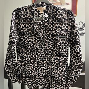 Small Michael Kors Geometric Black & White Adjustable Long Sleeve Blouse #083